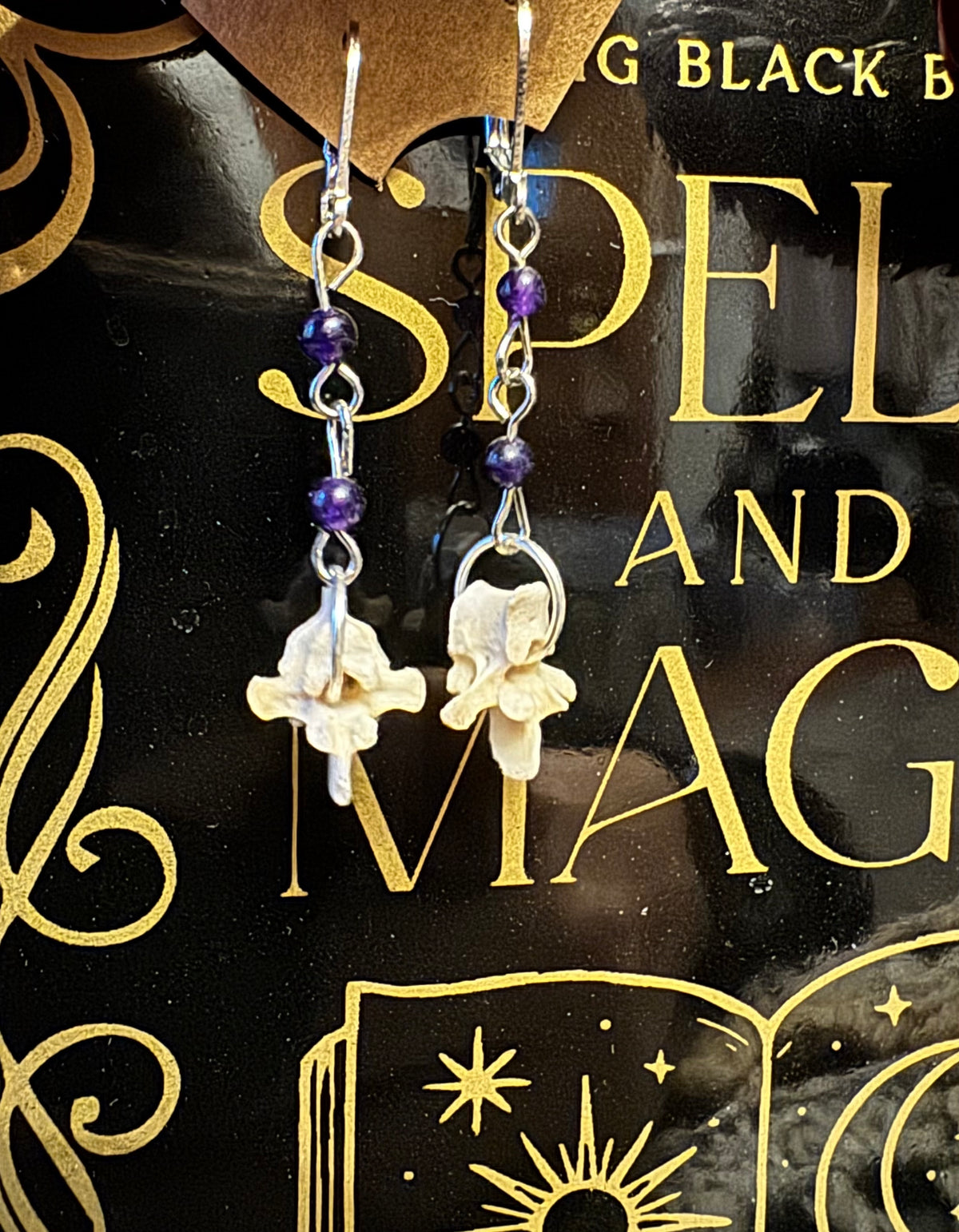 Raccoon Vertebrae Earrings in Silver with Purple Beads
