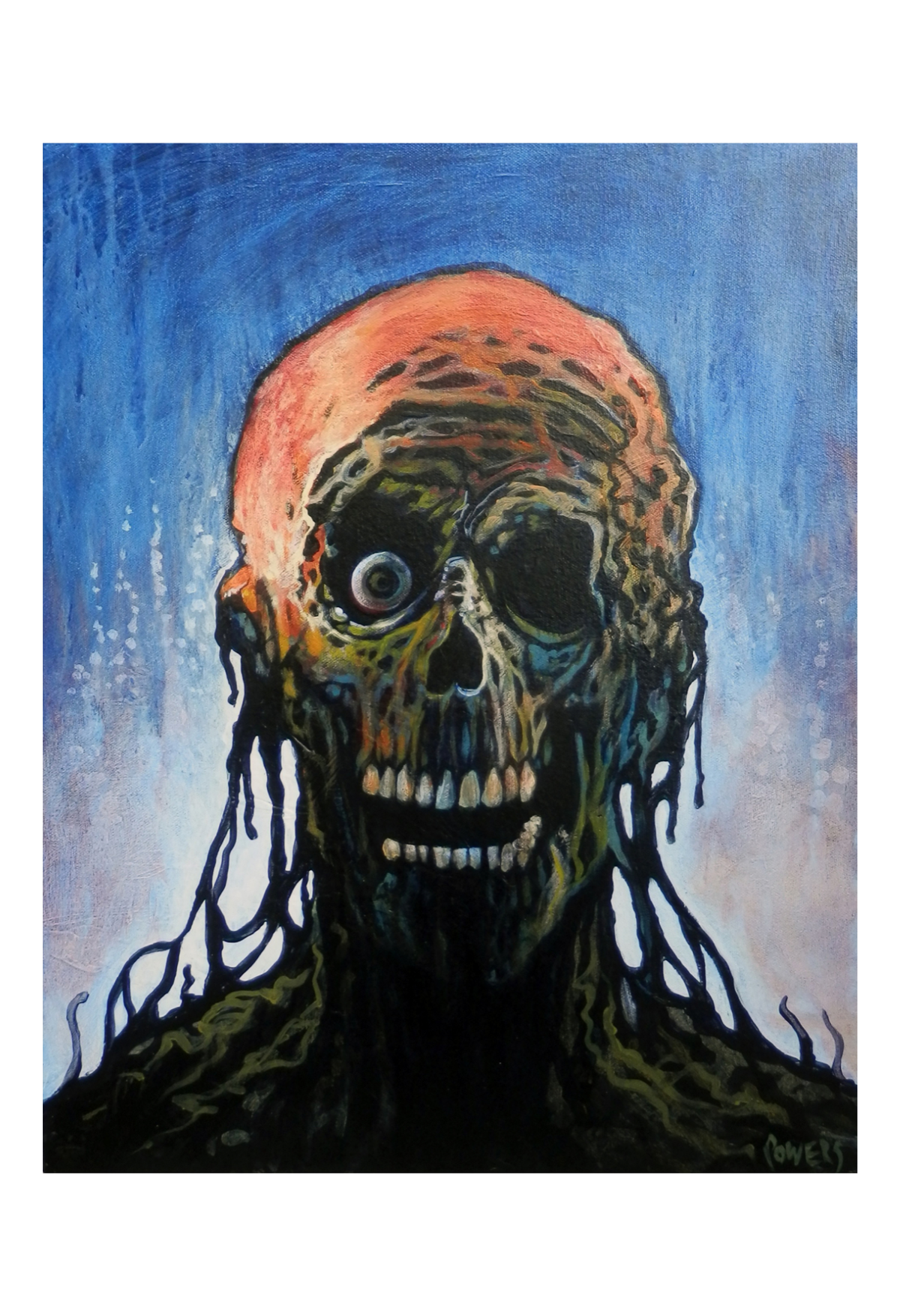 A surreal horror painting of a skull-like head with a peach-orange crown, dark hollow eye sockets, dripping black features