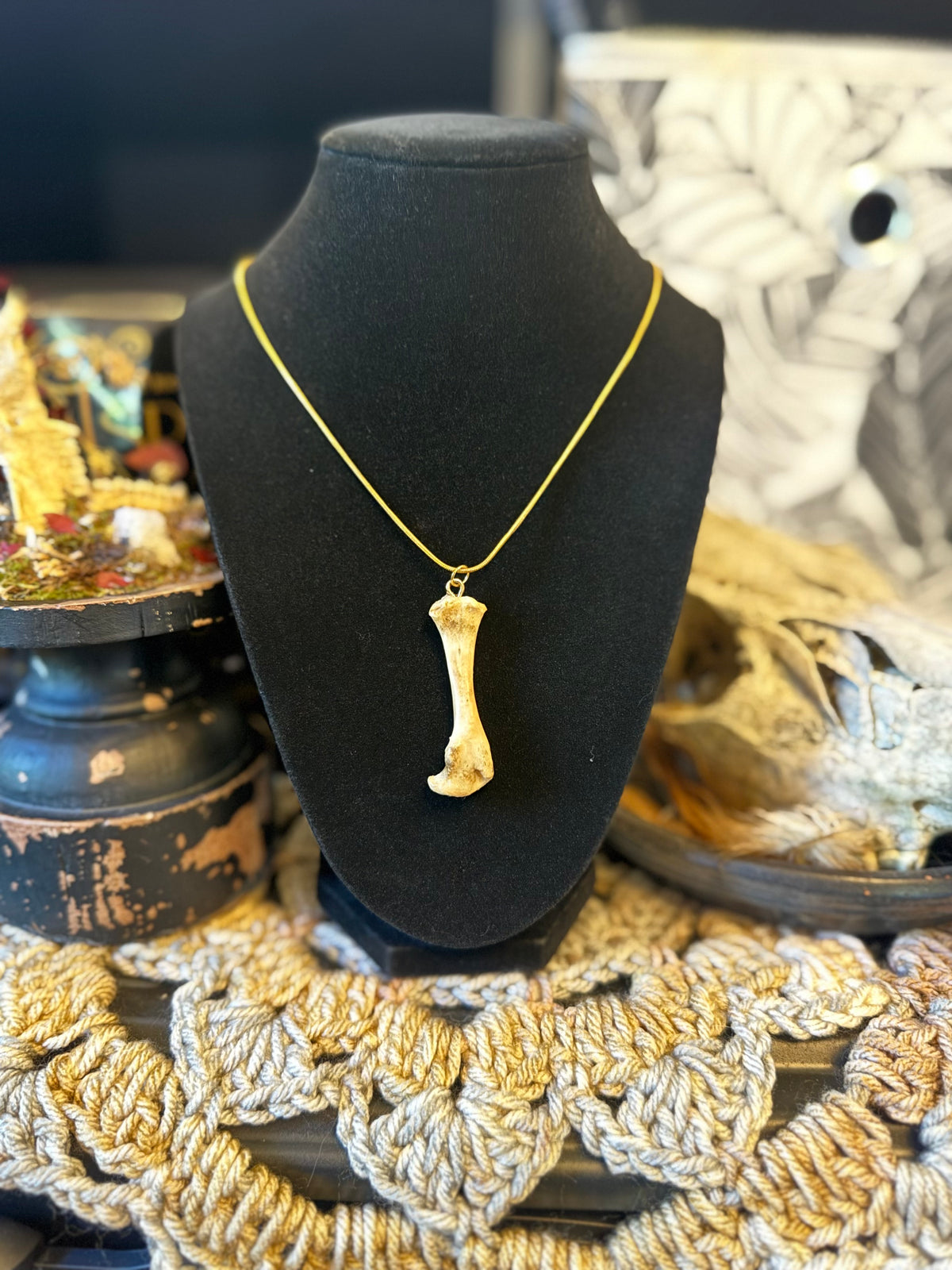Skunk Bone Necklace on Gold Chain