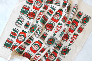 Canned Tomatoes Screen Printed Tea Towel : Amalfi Vintage Chartreuse Red Blue