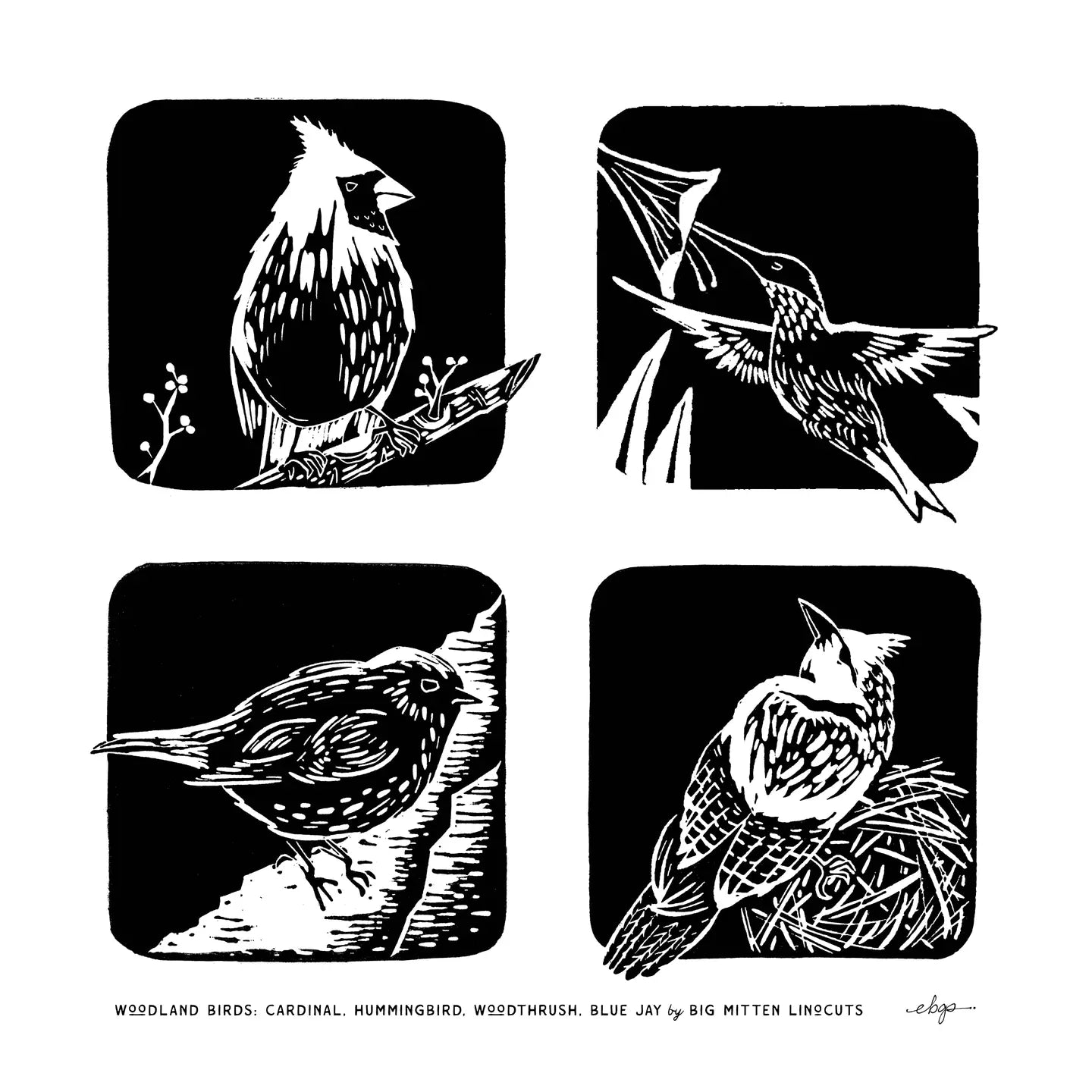 Big Mitten Linocuts - Woodland Birds