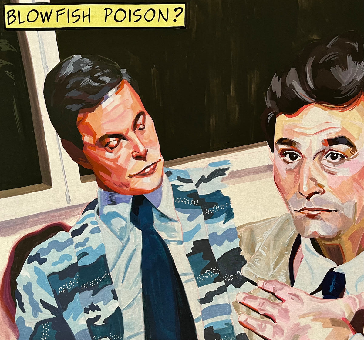 A stylized painted portrait showing two men seated indoors, with a yellow title box at the top reading 'BLOWFISH POISON?'. Because the depicted scene itself appears to be the product artwork rather than a real photographed environment, this fits Scenery rather than Lifestyle or Product/Packaging.