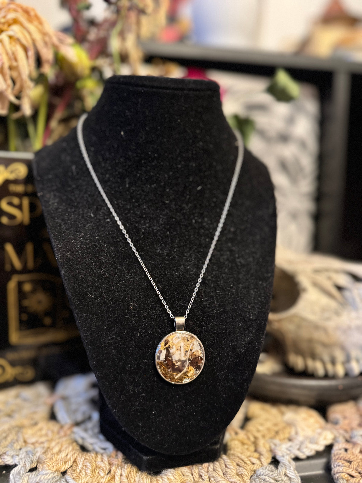 Squirrel Bone and Dried Flower Pendant on Silver Chain