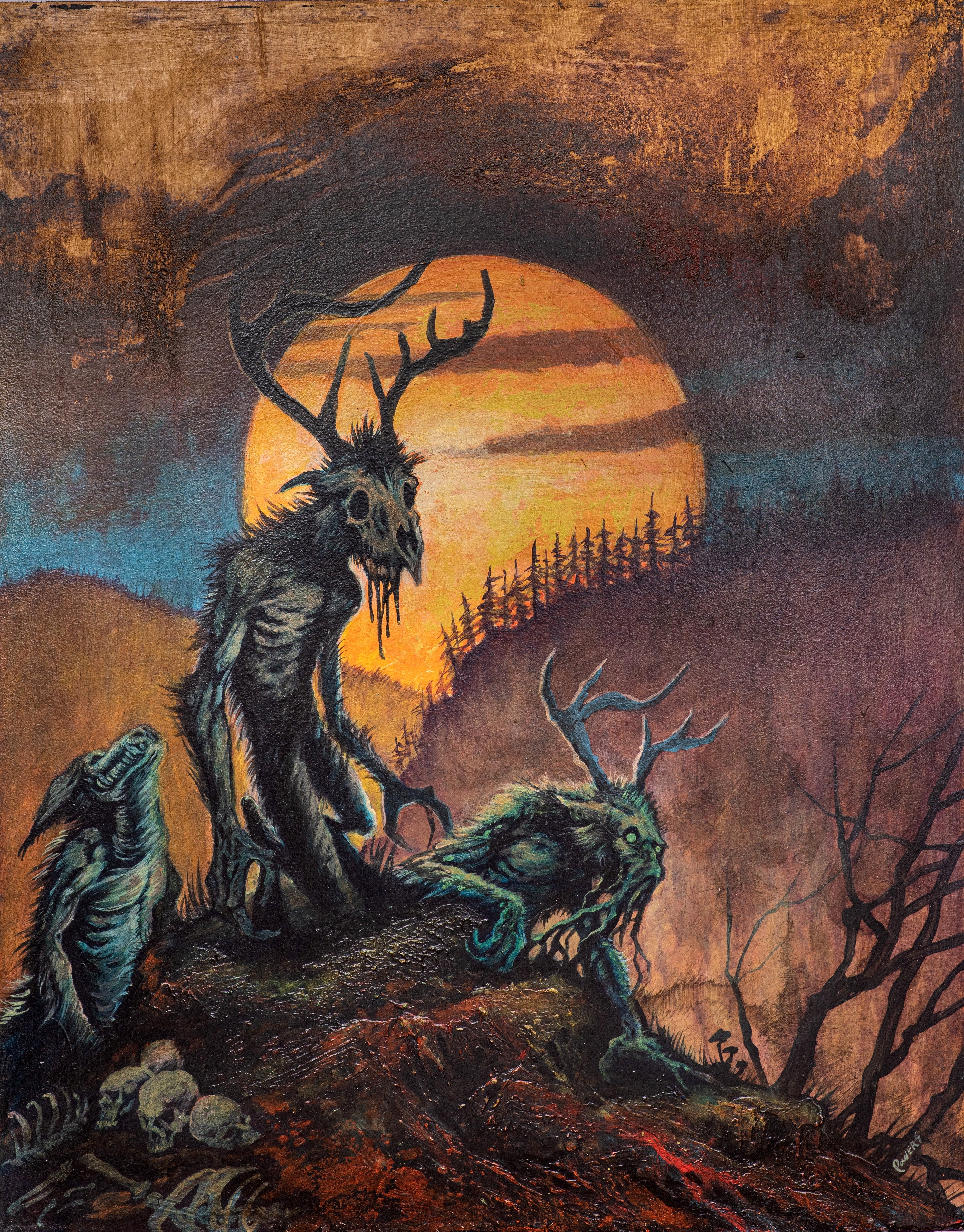 A dark fantasy painting of skeletal stag-like creatures in a barren landscape at sunset, with a large orange moon, blue sky