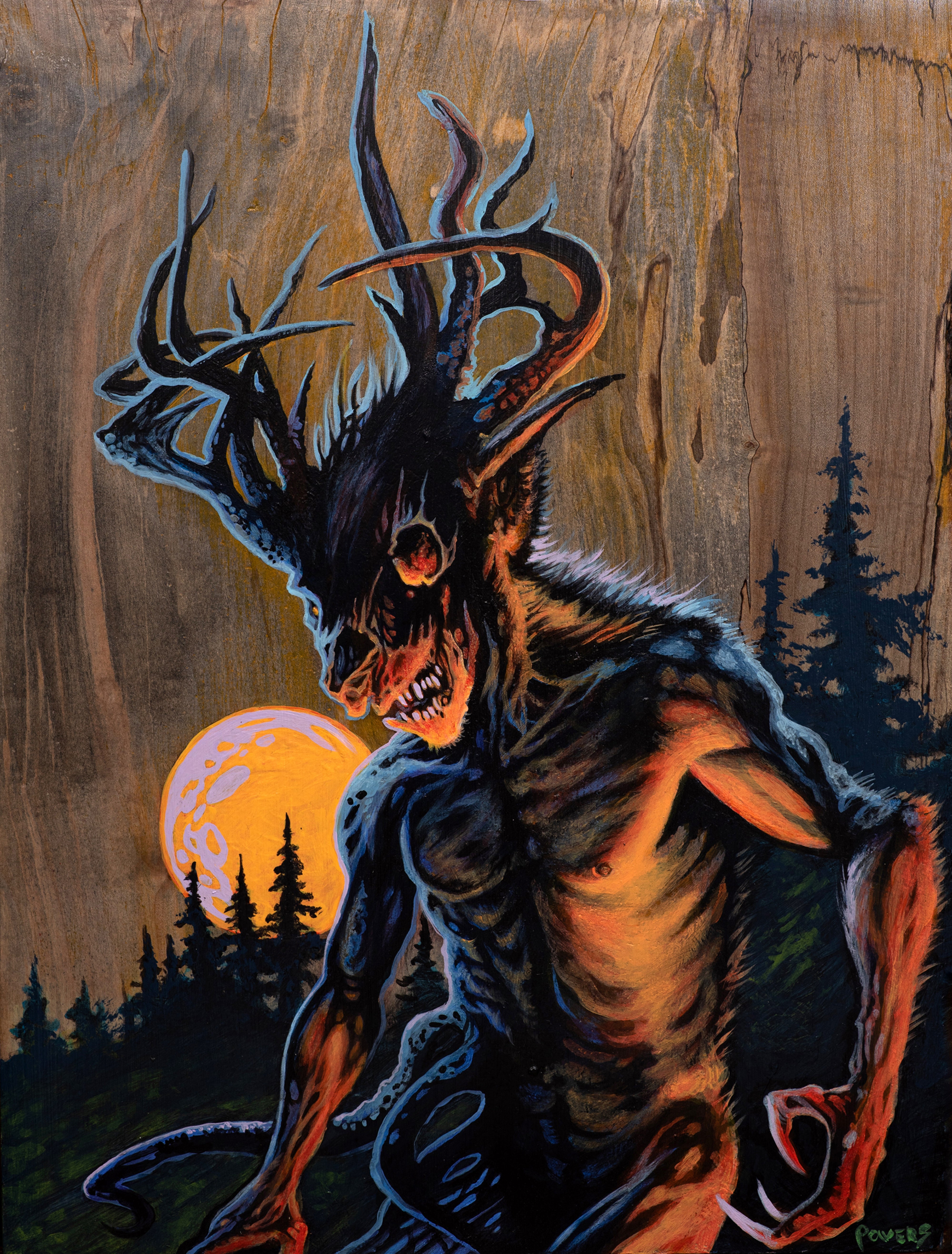 A dark fantasy painting of a horned, beast-like humanoid figure with antler-like horns, standing in a forest at night with a