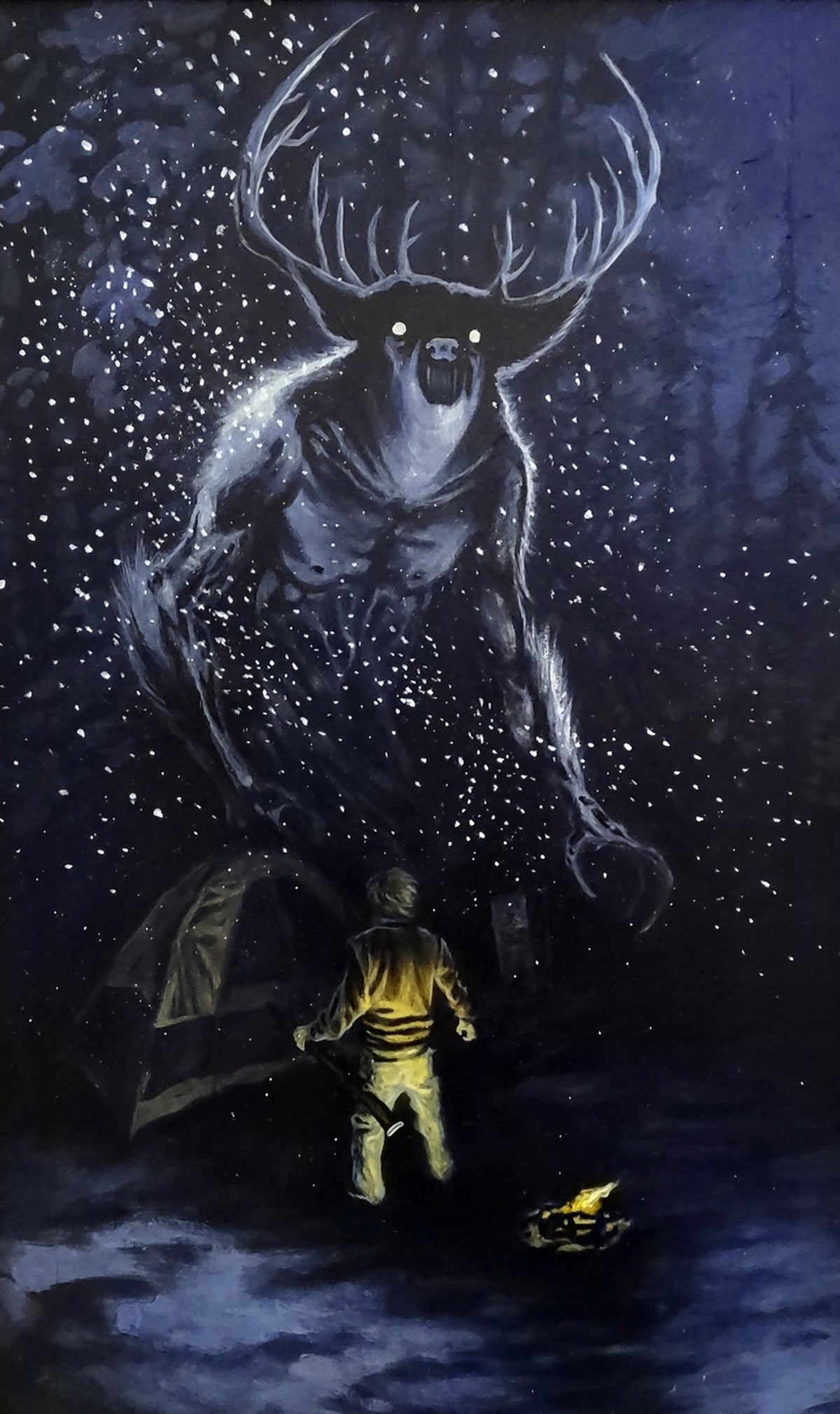 A dark fantasy-style painting or print showing a giant deer-like creature with glowing eyes and antlers looming over a small