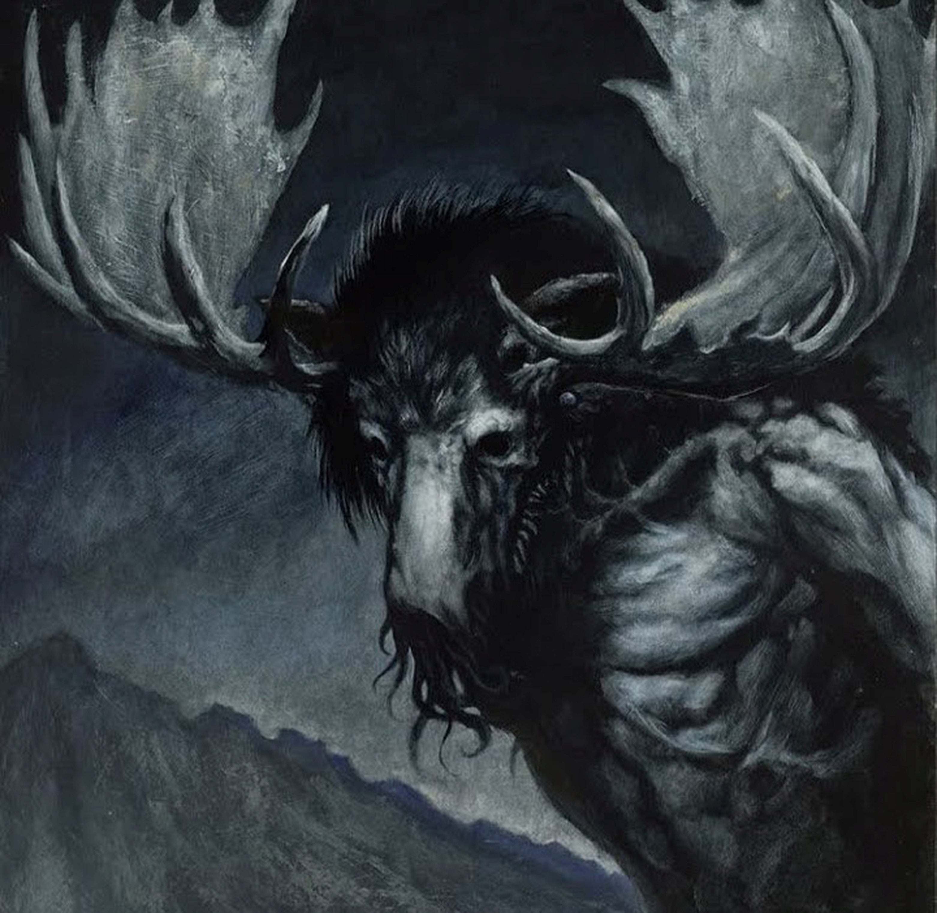Dark fantasy artwork of a moose-like creature with large antlers, rendered in black, gray, and blue tones against a shadowy