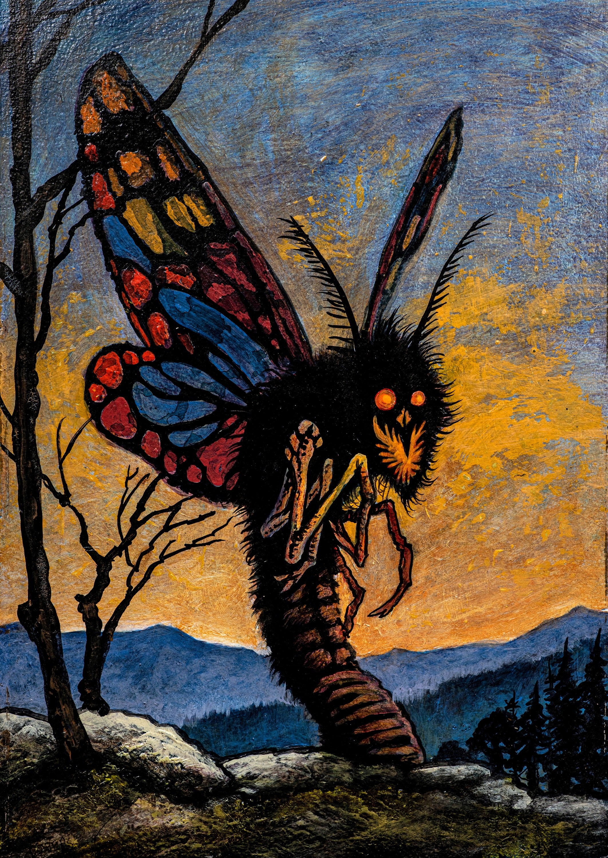 A surreal fantasy artwork showing a large black moth-like creature with glowing orange eyes and multicolored wings, standing