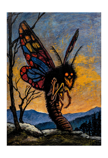 A surreal fantasy art print depicting a giant black insect with glowing orange eyes and colorful red, blue, and yellow