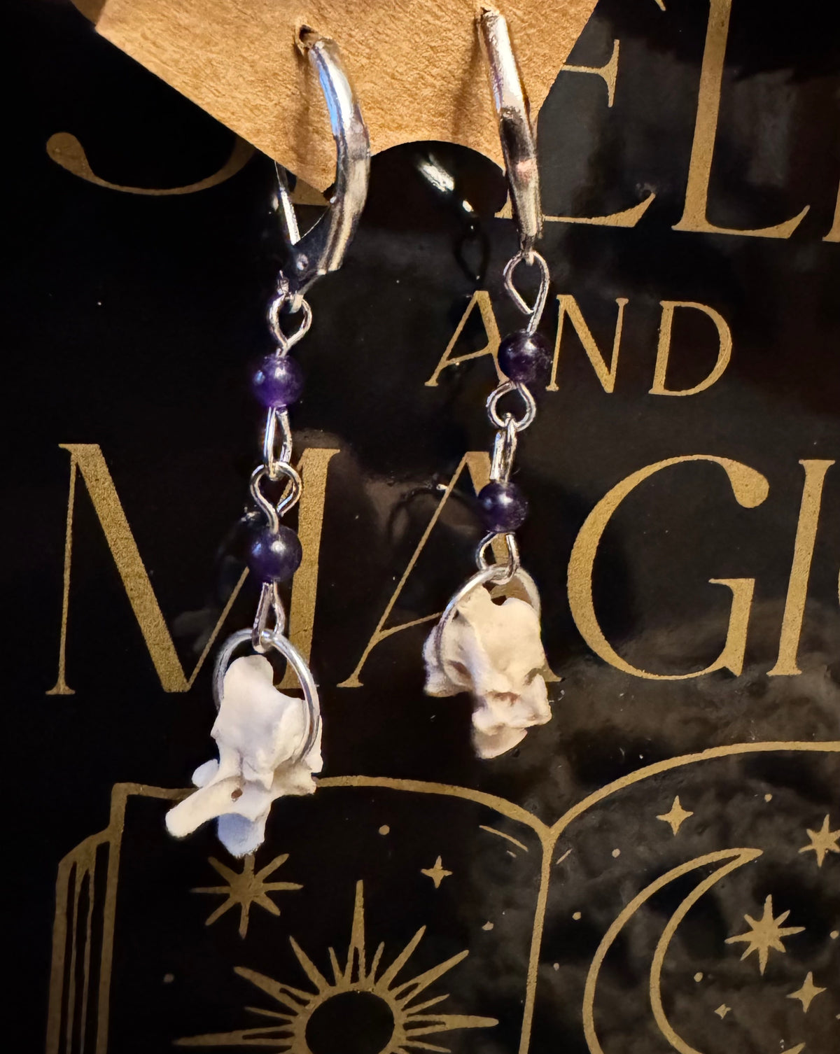 Raccoon Vertebrae Earrings in Silver with Purple Beads