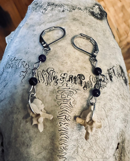 Raccoon Vertebrae Earrings in Silver with Purple Beads