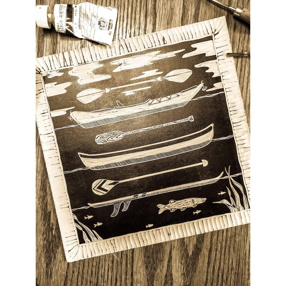 Vessels for Calm Waters Linoprint by Big Mitten Linocuts