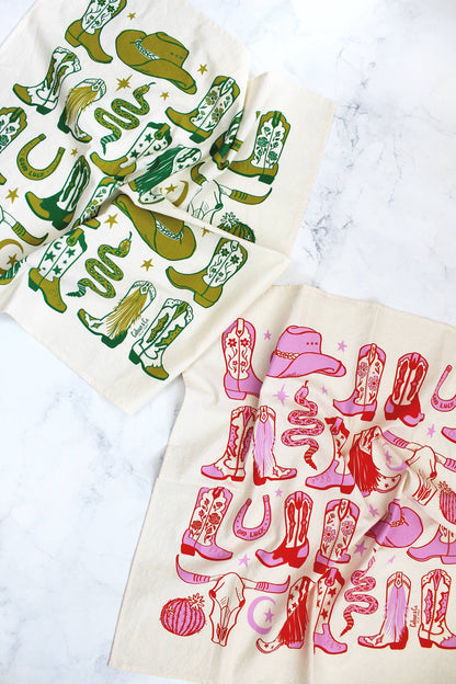 Howdy Cowgirl! Boots Tea Towel: Cactus Green