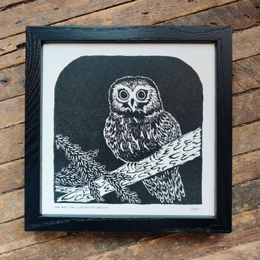 Saw-whet Owl Linoprint by Big Mitten Linocuts