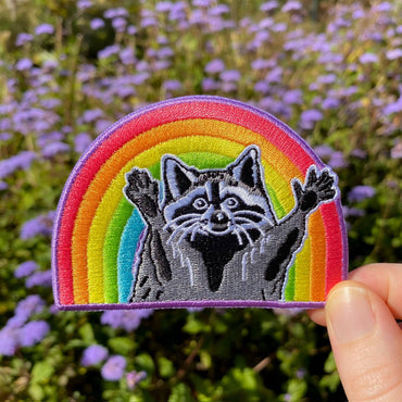Rainbow Raccoon Iron-On Embroidered Patch