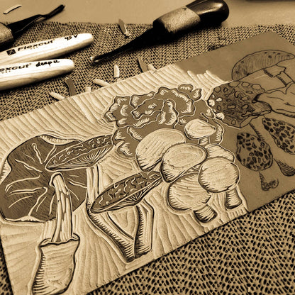 Big Mitten Linocuts - Found Fungi Linoprint