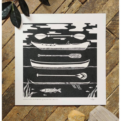 Vessels for Calm Waters Linoprint by Big Mitten Linocuts
