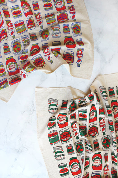 Canned Tomatoes Screen Printed Tea Towel : Amalfi Vintage Chartreuse Red Blue