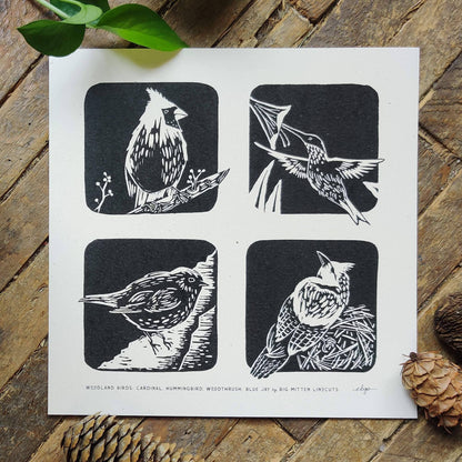 Big Mitten Linocuts - Woodland Birds Linoprint