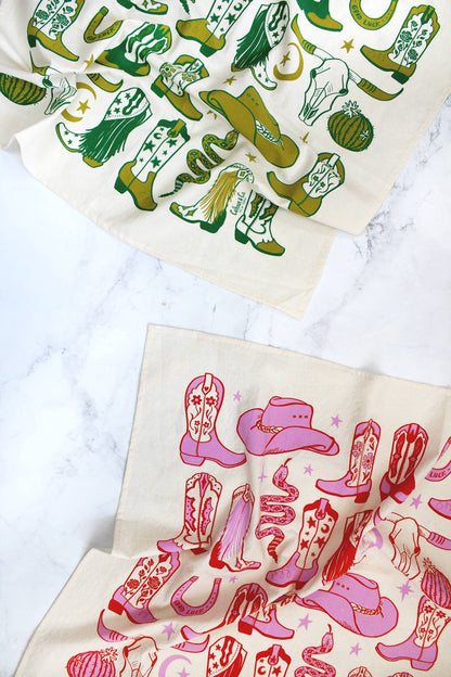 Howdy Cowgirl! Boots Tea Towel: Cactus Green