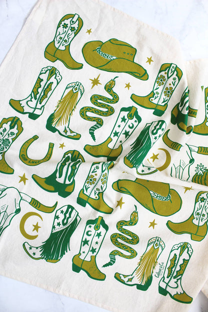Howdy Cowgirl! Boots Tea Towel: Cactus Green