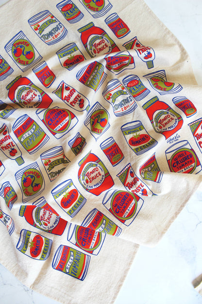 Canned Tomatoes Screen Printed Tea Towel : Amalfi Vintage Chartreuse Red Blue