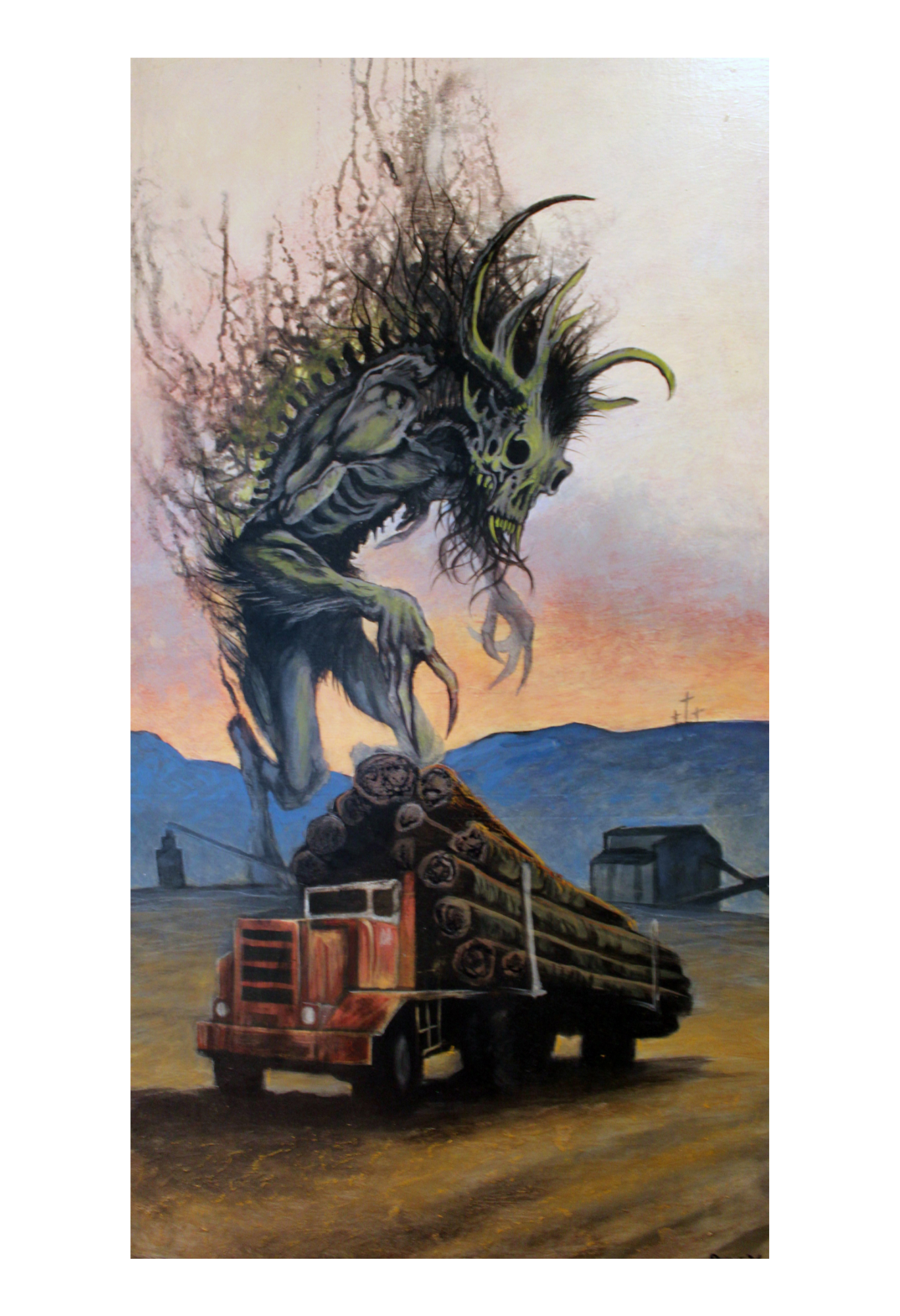 A surreal painting depicting a large green skeletal monster rising from a dusty landscape and grabbing a red semi-truck