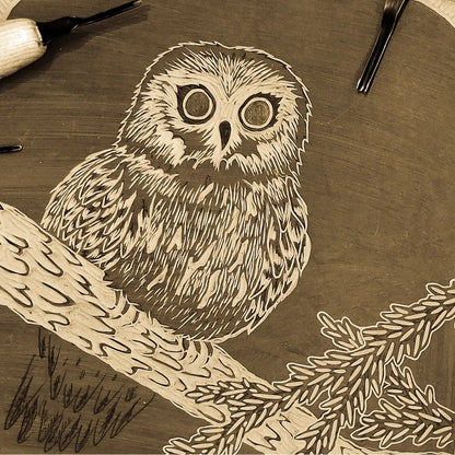 Big Mitten Linocuts - Saw-whet Owl